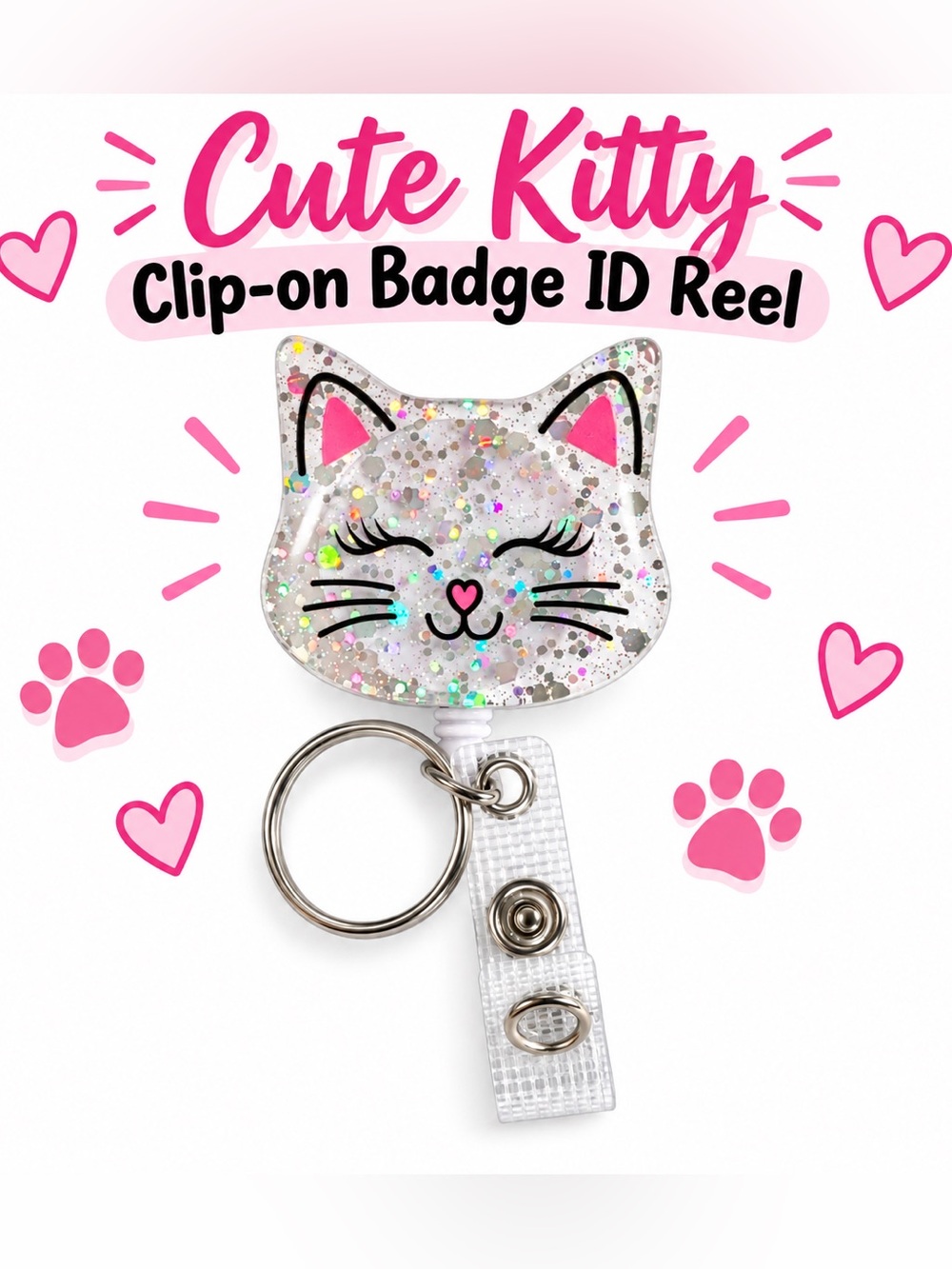 Cute Kitty Glitter Cat Clip-On Badge Reel with Pink Accents